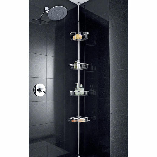 Variable Telescope Shower Caddy No drilling or suction cups required. Variable height between 160 and 290cm (5ft2" to 9ft5"). Stainless steel.