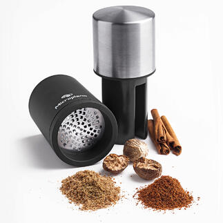 Microplane® Nutmeg Mill Grinds the hard kernels to a fine powder. Until the very last.