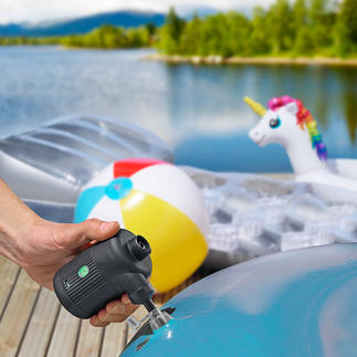 2-in-1 Battery-powered Air Pump Inflates airbeds, dinghies, swimming animals, ... Lights a barbecue and indoor fire. Removes air from vacuum garment bags.