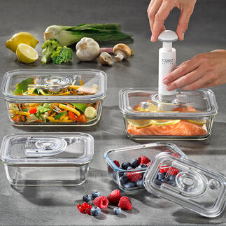 Glass Vacuum Containers, Set of 4 Keep your food fresh up to 8 times longer. Freezer, oven and microwave proof and remain hygienic for life.