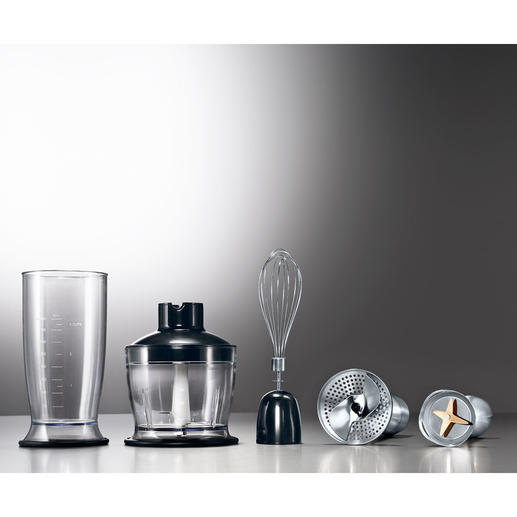 Mixing cup, chopping blade, whisk, mashed potatoes attachment, stick blender. Mixing cup, chopping blade, whisk, mashed potatoes attachment, stick blender.