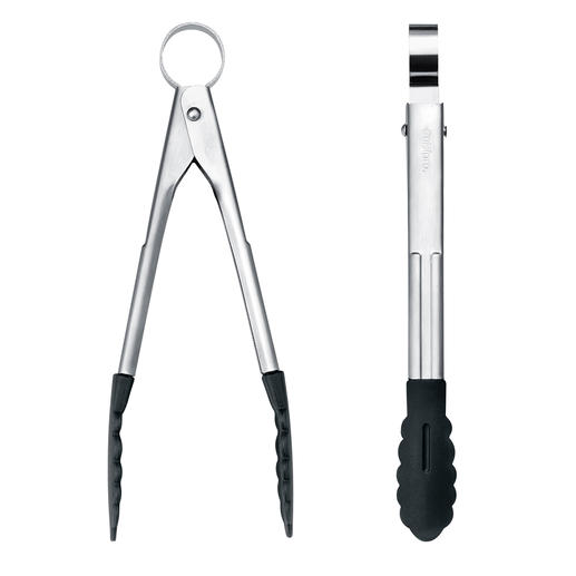 US-patented, one-hand mechanism. Just one short press on the hanging eyelet opens the tongs. For space-saving storage: Simply pull the eyelet and the tongs will lock closed instantly.