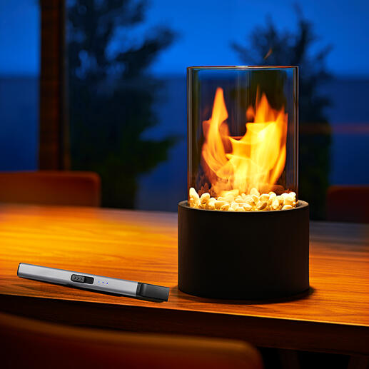 Decorative Tabletop Fireplace The fascinating spectacle of real flames – safely behind glass.