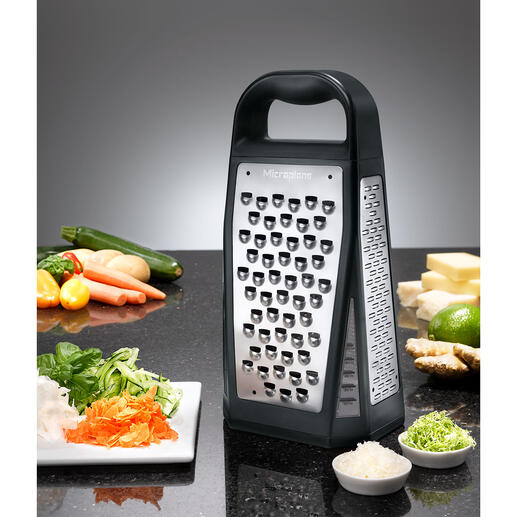 Microplane® 5-in-1 Tower Grater Razor-sharp photochemically etched blades. Space-saving 5-in-1 functions.