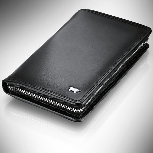 Mobile phone compartment on the left, 8 card slots and coin pocket with press stud on the right. Two large pockets for bank notes and documents at the back. Mobile phone compartment on the left, 8 card slots and coin pocket with press stud on the right. Two large pockets for bank notes and documents at the back.