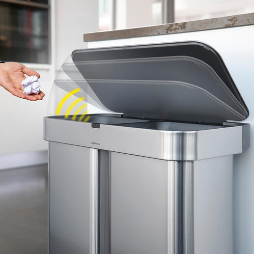 As an alternative to voice control, the waste bin can also be opened with a wave of the hand. As an alternative to voice control, the waste bin can also be opened with a wave of the hand.