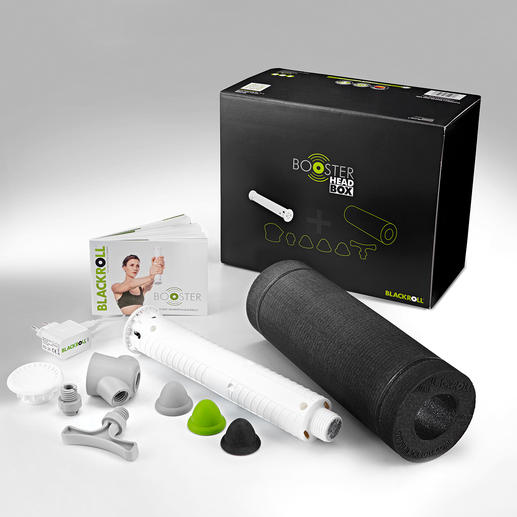 The 7-piece set consists of a fascia roller, vibration core, massage head, threaded adapter, hook attachment and pressure point attachments in 3 levels of hardness. The 7-piece set consists of a fascia roller, vibration core, massage head, threaded adapter, hook attachment and pressure point attachments in 3 levels of hardness.