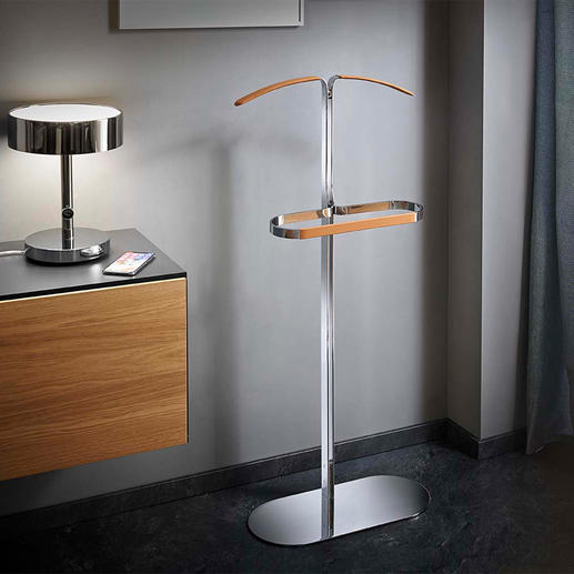 Clothes Valet Practical helper and also an elegant sculpture. Made of chromed steel and leather.