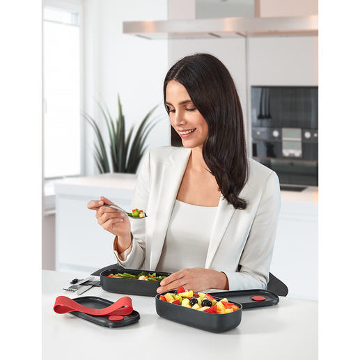 Two separate compartments keep snacks, hot dishes, fruit, cheese, ... neatly separated. Two separate compartments keep snacks, hot dishes, fruit, cheese, ... neatly separated.