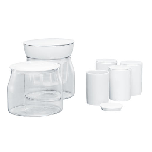 Included in delivery: 2 glass containers (each 1.2 litre) and 4 ceramic cups with lids (each 125ml). Included in delivery: 2 glass containers (each 1.2 litre) and 4 ceramic cups with lids (each 125ml).