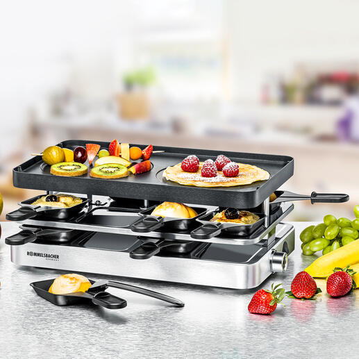 Simply by turning over the non-stick die-cast aluminium plate, the device is transformed into a crêpe maker. Simply by turning over the non-stick die-cast aluminium plate, the device is transformed into a crêpe maker.