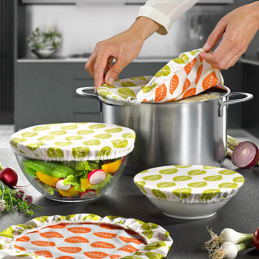 Cotton Food-Preserving Covers Sustainable cotton covering, to replace plastic film or aluminium foil. Naturally. Saves resources. Always re-usable.