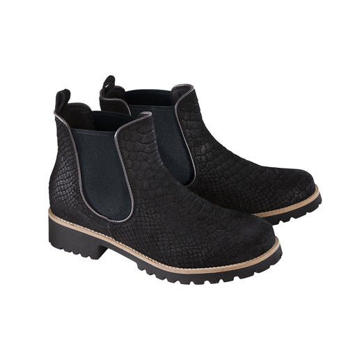 Green Comfort Chelsea Boots With shock-absorbing high-tech sole and trendy reptile look. From Green Comfort, Denmark.