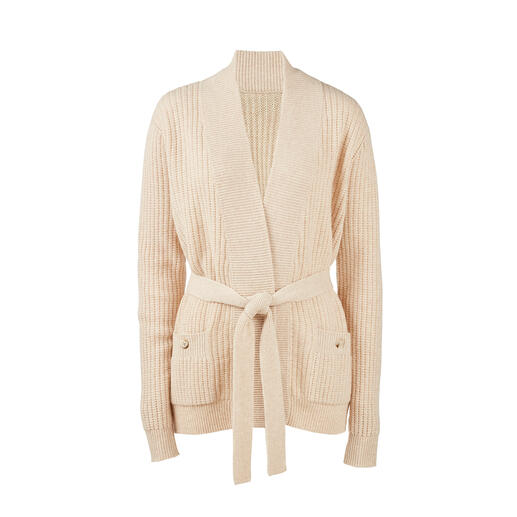 Rib knit jacket with sash The flat and feminine one among fashionable rib knit jackets. Refined with cashmere.